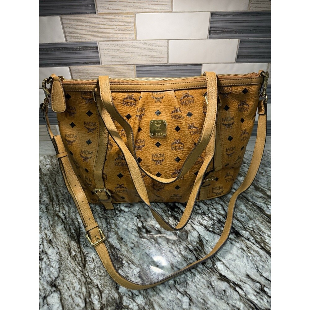 MCM Visetos Cognac 2-Way Tote EUC Fantastic Bag For Fall Plastic on Hardware